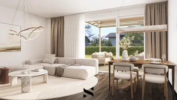 Modernes Wohn-Esszimmer mit dunklem Holzboden, heller Couch und Zugang zur Terrasse.