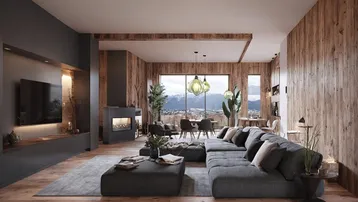 Geräumiges Wohn-Esszimmer mit modernem Kamin, bequemer Sitzecke und beeindruckendem Bergblick durch große Fenster.