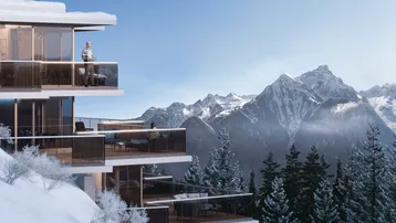 Moderne Architektur mit gestuften Balkonen und atemberaubendem Bergblick in verschneiter Landschaft.