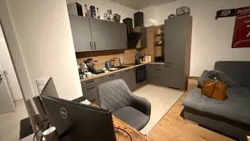 Offener Wohnbereich mit integrierter Küche, Arbeitsplatz und Sofa in modernem Stil.