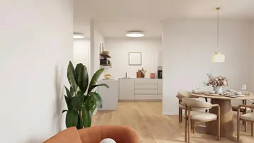 Virtuell inszenierter offener Wohn- und Essbereich mit Holzboden und moderner Einrichtung.