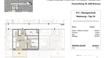 Grundriss des Dachgeschosses mit offenem Wohn-Kochbereich, Schlafzimmer und Balkon.