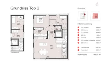 Grundriss Top 3 zeigt ein offenes Wohnkonzept mit Dachterrasse, Terrasse, Bad, WC und Kamin.
