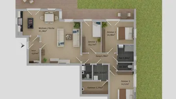 Grundriss einer Wohnung mit drei Zimmern, offenem Wohn-/Kochbereich, Terrasse und Garten.