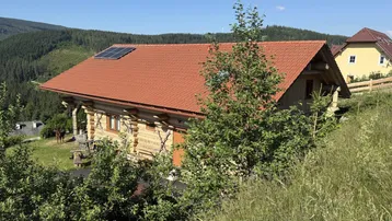 Blockhaus mit rotem Ziegeldach und Photovoltaikanlage, eingebettet in die Berglandschaft.