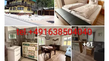 Collage zeigt ein traditionelles Haus im Alpenstil mit Balkonen sowie helle Innenräume wie Schlafzimmer, Bad, Ess- und Wohnbereich.