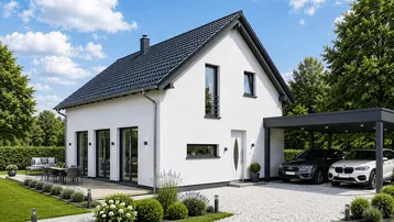 Modernes Einfamilienhaus mit weißer Fassade, Satteldach, Carport und gepflegtem Gartenbereich.