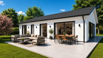 Modernes Einfamilienhaus mit großer Terrasse, Gartenmöbeln und gepflegtem Rasen unter blauem Himmel.