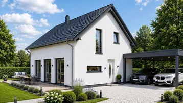 Modernes Einfamilienhaus mit weißer Fassade, Satteldach, Carport und gepflegtem Gartenbereich mit Terrasse.