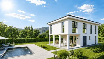 Modernes Einfamilienhaus mit Swimmingpool, großer Rasenfläche und überdachter Terrasse unter blauem Himmel.