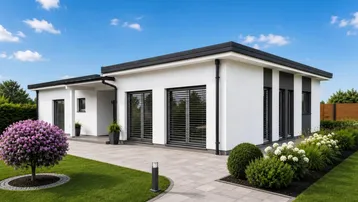 Modernes Einfamilienhaus mit weißer Fassade, Flachdach und gepflegtem Gartenbereich.