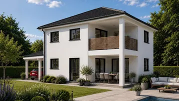 Modernes Einfamilienhaus mit weißer Fassade, großem Garten, Pool und einladender Terrasse für entspannte Stunden.