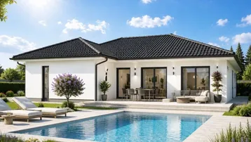 Moderne Villa mit großem Pool, sonniger Terrasse und gepflegtem Gartenbereich.