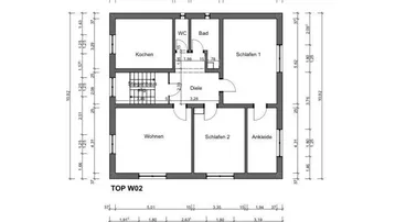 Grundriss der Wohnung TOP W02 mit zwei Schlafzimmern, einem Wohnzimmer, Küche, Bad und separatem WC.