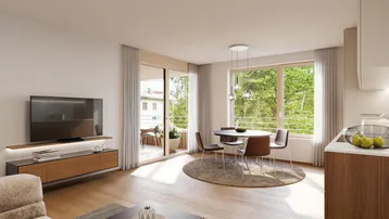 Gemütlicher Wohnbereich mit Essplatz, Balkonzugang und viel natürlichem Licht.