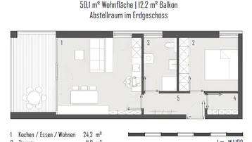 Detaillierter Grundriss einer 2-Zimmer-Wohnung mit offenem Wohnbereich, Balkon und Abstellraum.