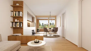 Gemütlicher Wohnbereich mit Holzboden, integriertem Regal und Essbereich nahe dem Fenster mit Grünblick.
