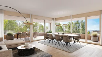 Großzügige Wohnlandschaft mit Essbereich und bodentiefen Fenstern, die zu einem weitläufigen Balkon führen.