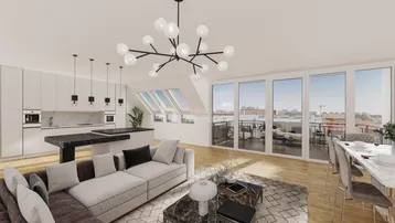 Moderne offene Wohnküche mit Essbereich, Dachschrägen und Zugang zur Terrasse.