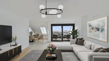 Modernes Wohnzimmer mit hellem Parkettboden, gemütlichem Sofa und Zugang zum Balkon.