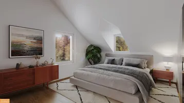 Modernes Schlafzimmer im Dachgeschoss mit schrägen Wänden, zwei Fenstern und stilvollen Möbeln.