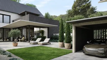 Moderne Außenansicht des Hauses mit Garten, Terrasse und Carport für zwei Fahrzeuge.