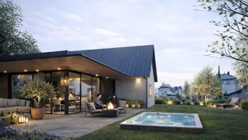 Moderne Villa mit großer überdachter Terrasse, Feuerstelle und integriertem Whirlpool im Gartenbereich.
