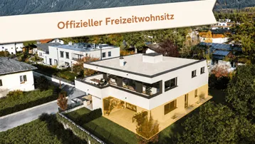 Moderne Villa mit Flachdach und großen Fensterfronten in alpiner Umgebung mit Bergblick.