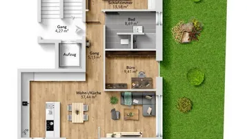 Detaillierter Grundriss einer Wohnung mit offener Küche, Terrasse und Gartenanteil.