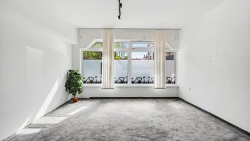 Heller, leerer Raum mit grauem Teppichboden, weißen Wänden und großen Fenstern, die viel Tageslicht hereinlassen.