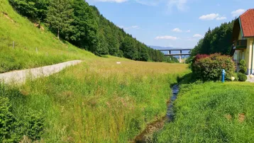 Ländliche Umgebung mit Bachlauf, grünen Wiesen und bewaldeten Hügeln, im Hintergrund eine Brücke.