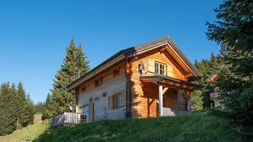 Helles Holzhaus im alpinen Stil auf einem grünen Hügel unter blauem Himmel.