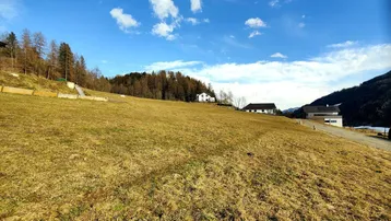 Weitläufiges Grundstück mit Blick auf die umliegende Natur und vereinzelte Häuser.
