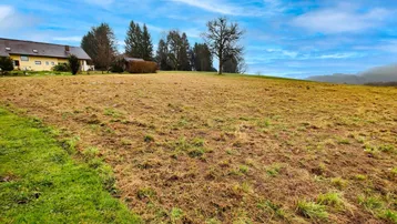 Weitläufiges Grundstück mit Blick auf ein Wohnhaus und umliegende Natur unter blauem Himmel.