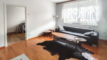 Helles Wohnzimmer mit Holzboden, dunklem Sofa und großen Fenstern, die viel Tageslicht hereinlassen.