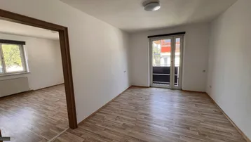 Heller Wohnbereich mit Laminatboden und Zugang zu einem französischen Balkon.