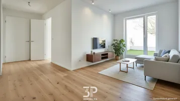 Helles und modernes Wohnzimmer mit Holzboden, großen Fenstern und direktem Zugang zur Terrasse und zum Garten.