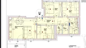 Detaillierter Grundriss der Wohnung mit drei Zimmern, offener Wohnküche und großer Terrasse.