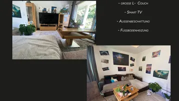 Helles Wohnzimmer mit großer L-förmiger Couch, Smart TV und Zugang zum Balkon mit Grünblick.