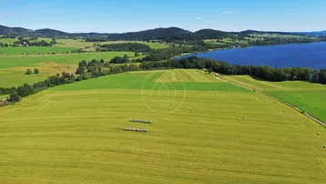 Luftaufnahme einer weiten grünen Landschaft mit Feldern, einem See und bewaldeten Hügeln im Hintergrund unter blauem Himmel.