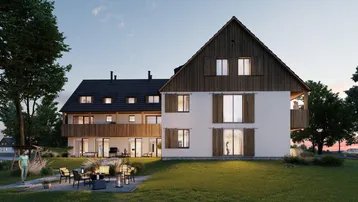 Rendering eines modernen Gebäudes mit Garten, Feuerstelle und Sitzbereich am Abend.