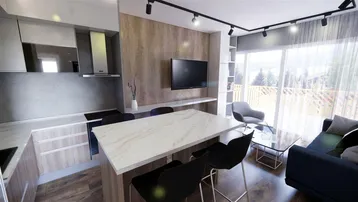 Moderner offener Wohn-Essbereich mit integrierter Küche, Kücheninsel und Zugang zum Balkon.