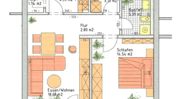 Grundrissplan einer Wohnung mit offenem Wohnbereich, separater Küche, Terrasse und Garten.