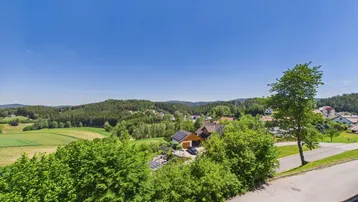 Weitläufiger Blick über grüne Hügel und Wälder mit vereinzelten Häusern unter blauem Himmel.