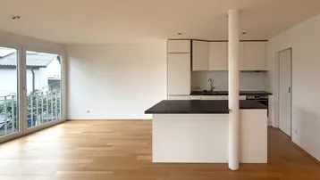 Offener Wohnbereich mit integrierter Küche und Kücheninsel, ideal für modernes Wohnen.