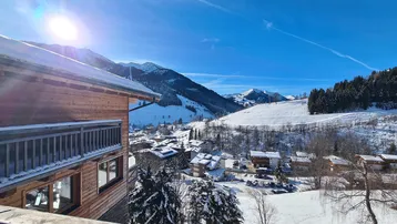 Sonniger Wintertag mit Blick auf ein Holzchalet und die verschneite Berglandschaft eines Dorfes.