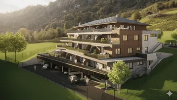 Moderne Wohnanlage mit Holzfassade, Balkonen und integrierten Solarpaneelen in alpiner Umgebung.