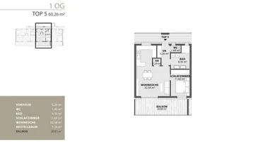Grundriss der Wohnung TOP 5 im ersten Obergeschoss mit Wohnküche, Schlafzimmer und Balkon.