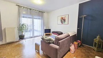 Gemütliches Wohnzimmer mit Parkettboden, Sofa und Zugang zu einer Terrasse.