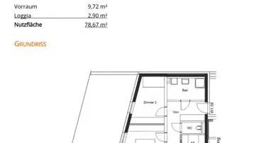 Grundriss der Wohnung Nr. 5 im Haus 1 mit Balkon, Loggia und Gartenfläche.